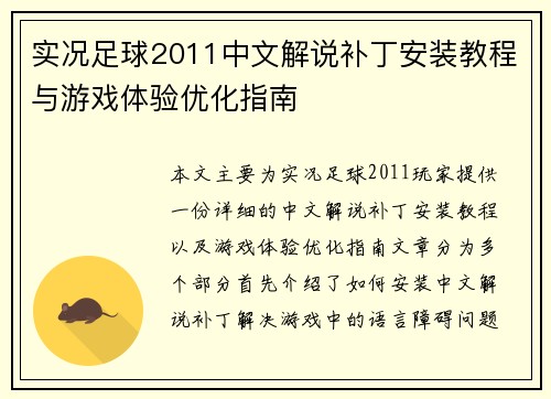 实况足球2011中文解说补丁安装教程与游戏体验优化指南